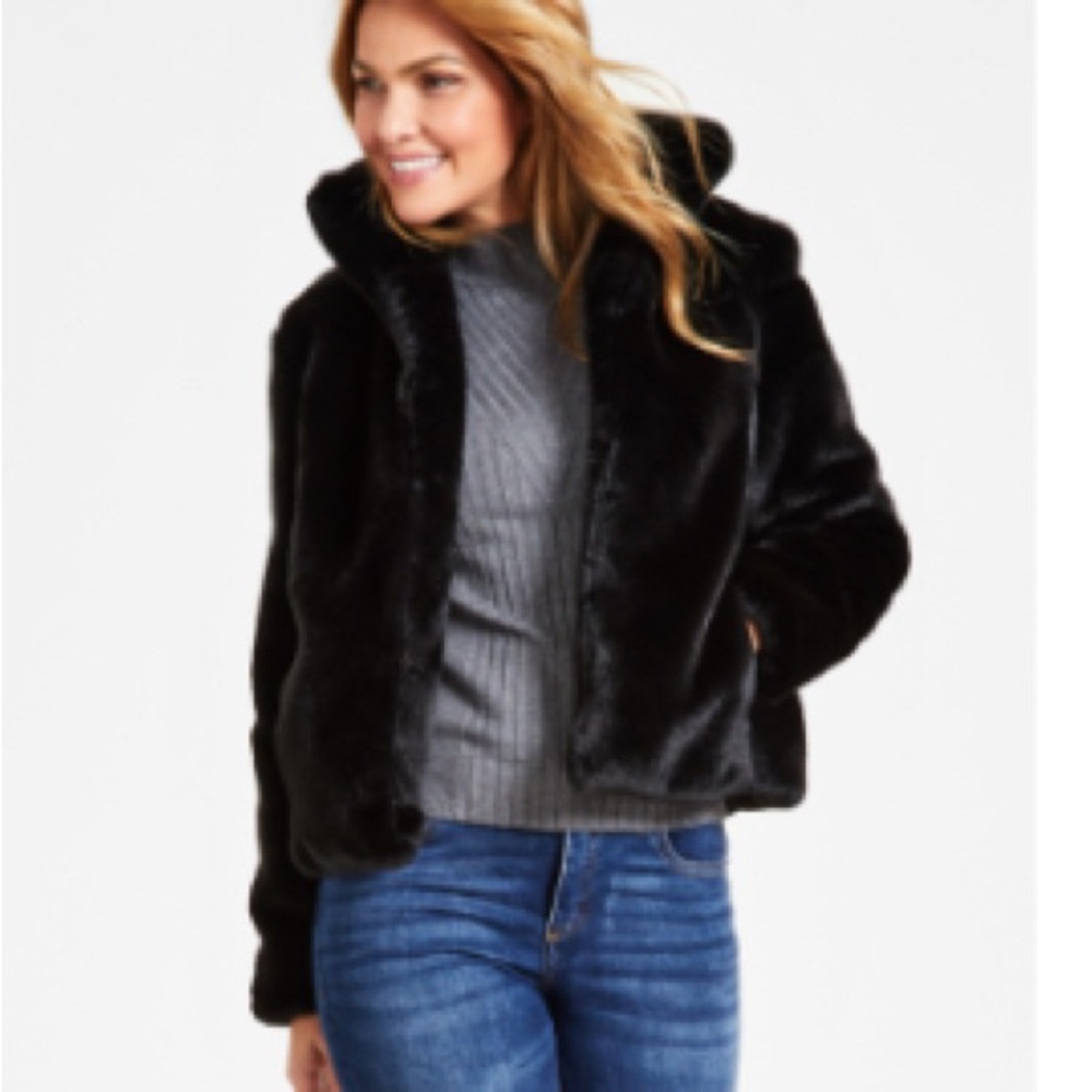 INC International Concepts Black Faux Fur Jacket Petite Medium